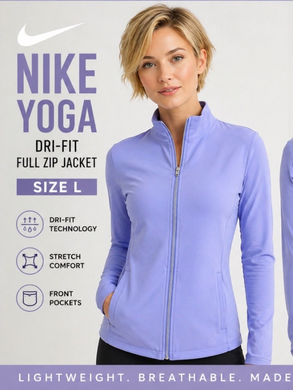 Nike Yoga Dri-FIT Lavender Full Zip Jacket Women's Size L Athletic Activewear